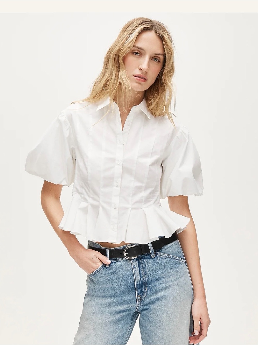 J. Crew White Puff-Sleeve Button-Down Blouse